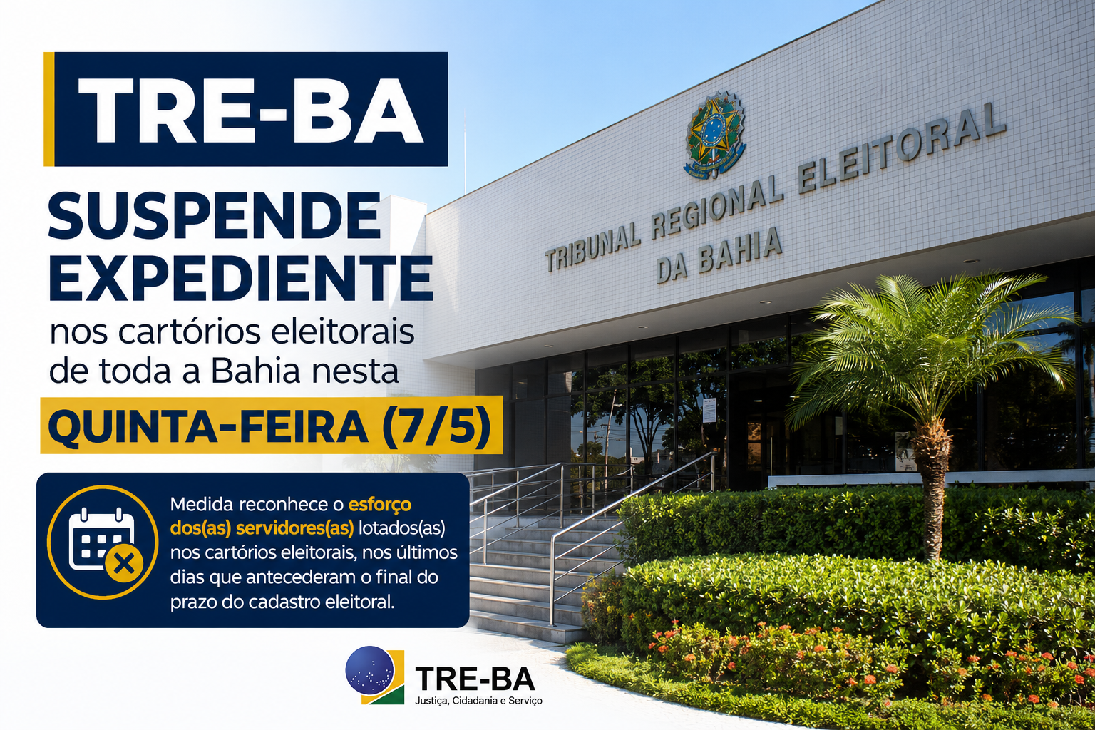 TRE-BA suspende expediente dos cartórios eleitorais em toda a Bahia nesta quarta-feira